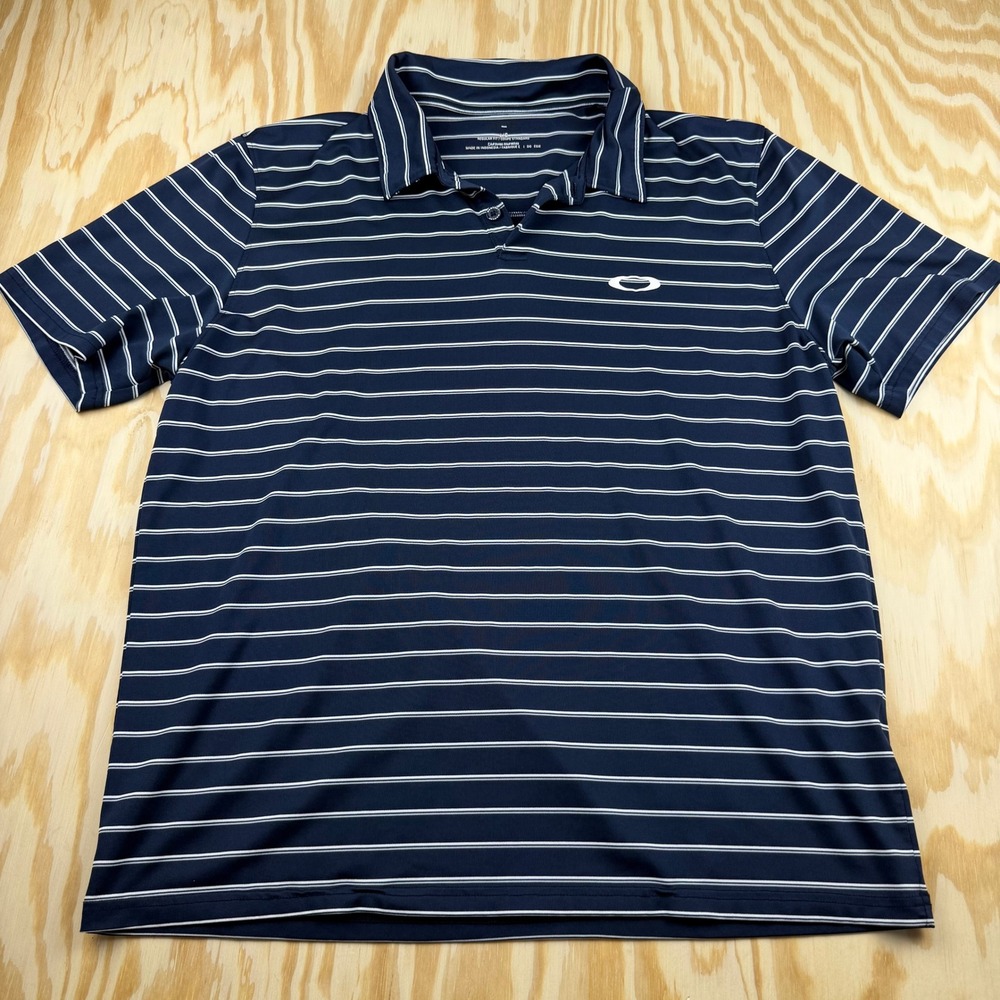 Oakley Mens Large Navy Blue White Striped Short Sleeve Golf Polo Shirt CA35460